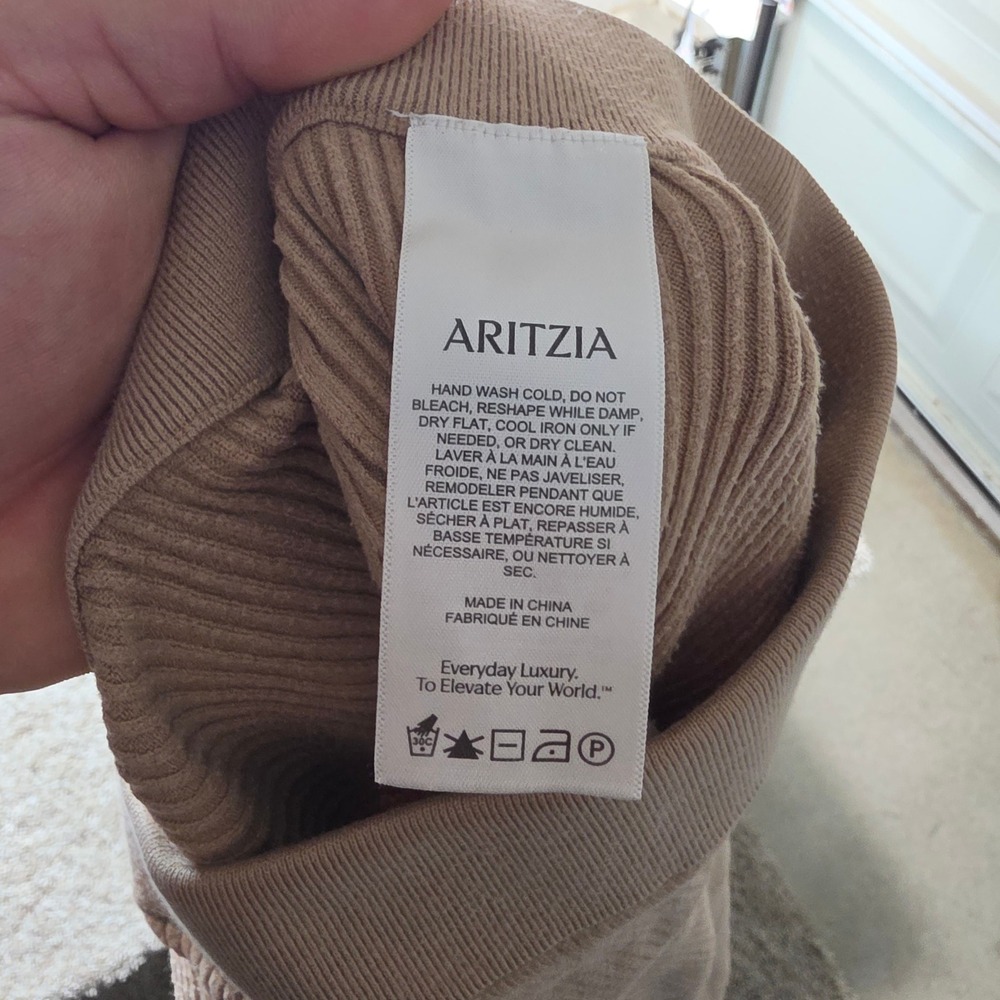 Wilfred Aritzia Ribbed Wide Leg Pants Womens 2XS Tan Slit Hem 120801 - Picture 6 of 13